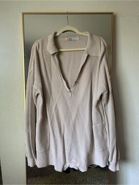 Free People Picnic Oversized Ribbed V-Neck Romper in Light Beige